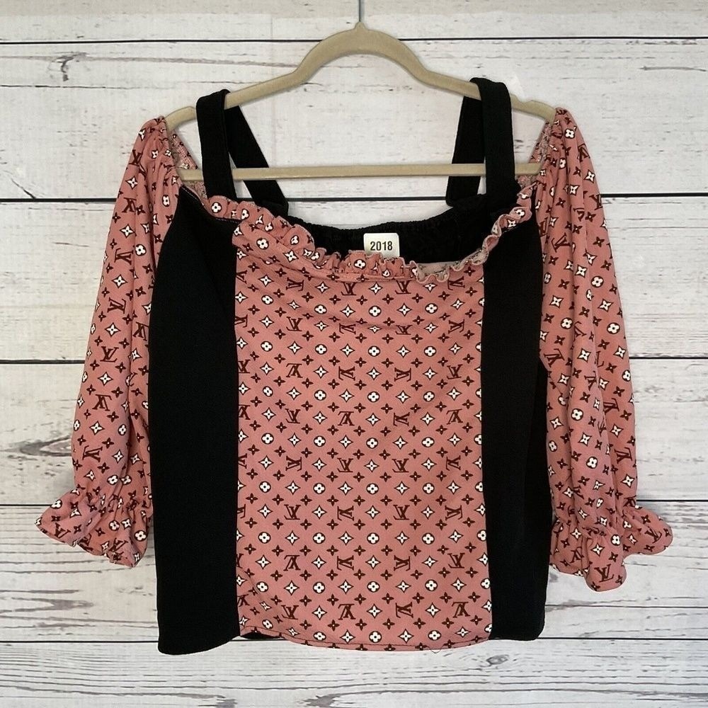 Black/Pink Coral Smocked Crepe Puff Sleeve Open Shoulder Blouse Top Women‎ XL